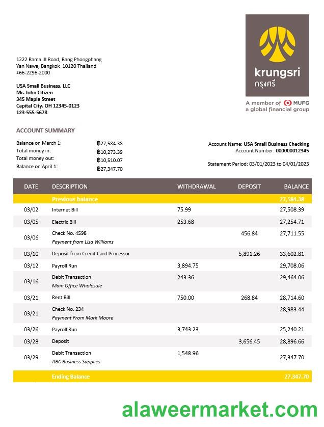 Krungsri-Bank of Ayudha business statement Word and PDF template